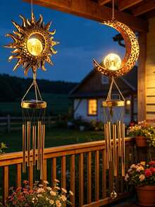 1pc Sun And Moon Shaped Solar Wind Chime Light - Weatherproof Outdoor Decoration, Suitable For Garden, Porch And Patio, LED Lighting Wind Chime, With Automatic Dusk To Dawn Sensor - Multicolor - View 1