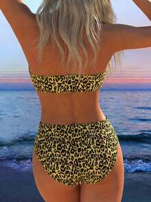 New Arrival Sexy Leopard Print Bandeau Top And High Waist Bikini Bottom 2-Piece Swimwear Set Vacation Beach - Ginger - View 3