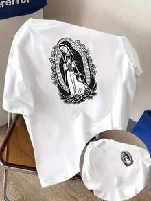 Camisetas de manga corta de talla grande para mujer, ideales para el verano, camisetas básicas de uso diario, camiseta estampada de manga corta con diseños en la parte delantera y trasera - Virgen María, orando - Camiseta estampada de primavera/verano para mujer, ¡tu mejor elección! Transpirable y cómoda. - Blanco - Ver 11