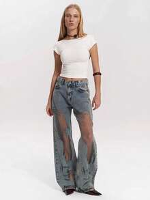 Pantalones vaqueros rectos holgados con diseño calado y combinado estilo chica atrevida - azul grisáceo - Ver 4