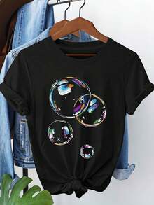 Women's T-Shirt With Colorful Bubble Art Pattern Print, Short Sleeves, Round Neck, Casual Wear, Perfect For Everyday Wear And Holiday Gifts - 黑色 - 查看 1