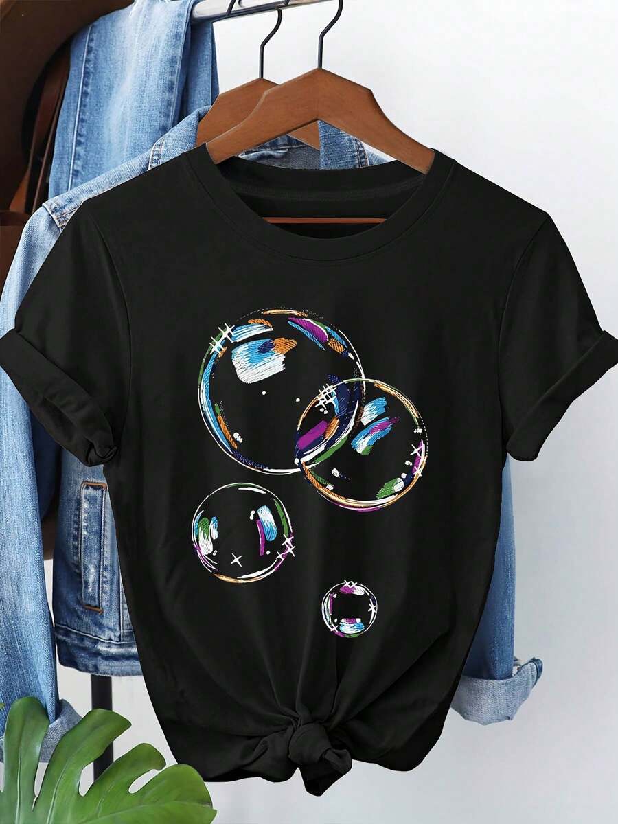 Women's T-Shirt With Colorful Bubble Art Pattern Print, Short Sleeves, Round Neck, Casual Wear, Perfect For Everyday Wear And Holiday Gifts - 黑色 - 查看 1