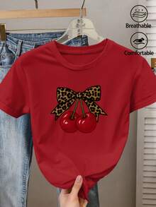 Camiseta de Verano de Alta Gama para Mujer, Elegante Camiseta de Manga Corta con Estampado de Leopardo, Lazo y Cerezas, Cuello Redondo, Adecuada para Primavera, Verano, Otoño. Moderna para el Trabajo, Vacaciones, Uso Diario, Versátil, Casual, Elegante, Estilo Vintage, Disponible en Tallas S-XXL. - Negro - Ver 7