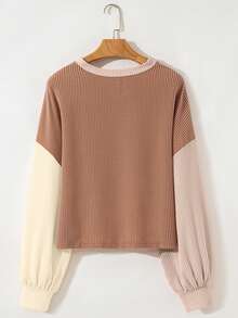 CILKOO Women's Brown And Beige Colorblock Ribbed Crew Neck Long Lantern Sleeve Loose Casual Top, Suitable For Spring And Autumn Daily Wear - Camel - View 4