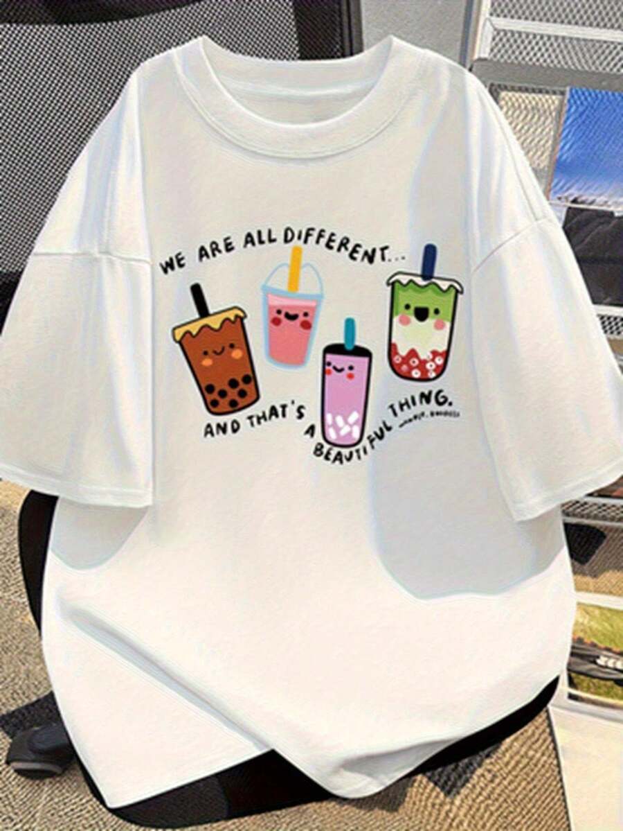 Camiseta de Edición Limitada para Mujer con Estampado deé de Burbujas Blanco - Bonito estampado deé de burbujas con el eslogan Todos Somos Diferentes, camiseta de verano de corte holgado, transpirable y de manga corta, adecuada para conjuntos lindos, amantes delé de burbujas y uso diario (lavable aáquina). Algodón ligero. - Blanco - Ver 1