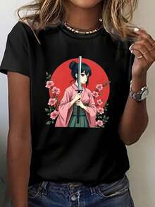 Limited Edition T-Shirt With Anime-Style Warrior Print, Short Sleeves And Round Neck, Casual, Suitable For Summer And Spring, Women's Clothing, Made Of Lightweight Cotton. - 黑色 - 查看 7