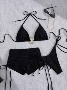 Traje de baño de dos piezas para mujer, traje de baño sexy con tiras sencillas, conjunto de bikini ajustado de tres piezas. - Negro - Ver 9