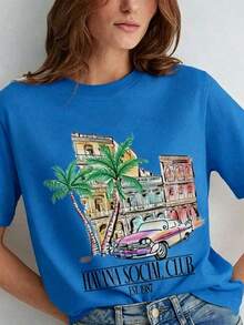 Women Havana Social Club T-Shirt Loose Short Sleeve Vintage Boho Graphic Tees Cute Aesthetic Vacation T Shirt Retro Summer Tops,Women's Graphic Round - 藍色 - 查看 10