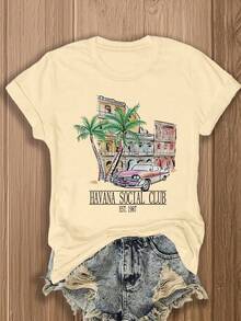 Women Havana Social Club T-Shirt Loose Short Sleeve Vintage Boho Graphic Tees Cute Aesthetic Vacation T Shirt Retro Summer Tops,Women's Graphic Round - 杏色 - 查看 6