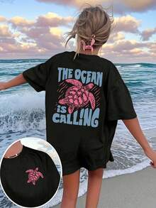 Y2K Style Summer Top, Retro Turtle Design T-Shirt, Cute And Fun, 90s Marine Motif T-Shirt, Cartoon Letter Design, Perfect Casual Wear For Women, Versatile And Comfortable, Suitable For Beach Vacation And Daily Wear. - 黑色 - 查看 2