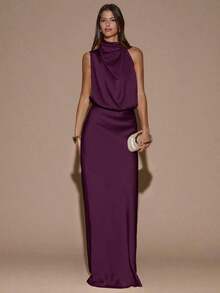 Vestido asimétrico sin mangas de color crema y amarillo, vestido de noche minimalista y sexy para fiesta, cóctel, boda, cumpleaños, vestido largo de satén - Rojo violeta - Ver 6