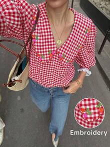 Blusa de manga larga con cuello Peter Pan, en color rosa a cuadros, con detalles de volantes y bordados, de corte regular, adecuada para uso diario y vacaciones - Rojo - Ver 9