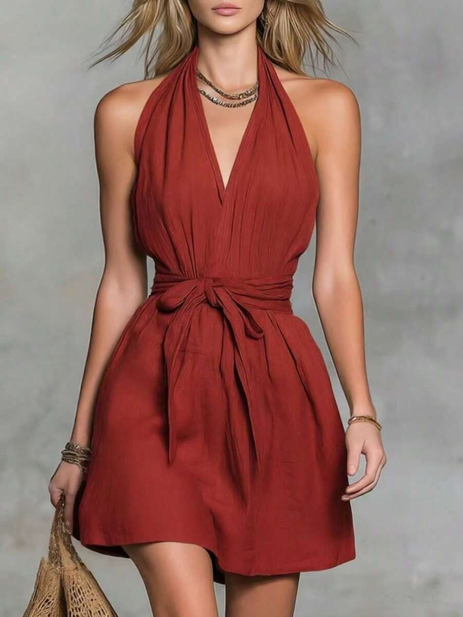 2026 Summer New Collection Of Fashionable Casual Women's Dresses With V-Neck, Fitted Waist And Belt For Holidays - 紅色 - 查看 1