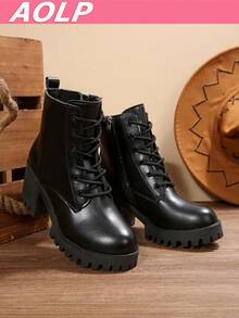 European & American Minimalist Style Autumn/Winter New High Heel Ankle Boots, Metal Belt Decor, Rhinestone Buckle, Chunky Heel & Platform - Black - View 7