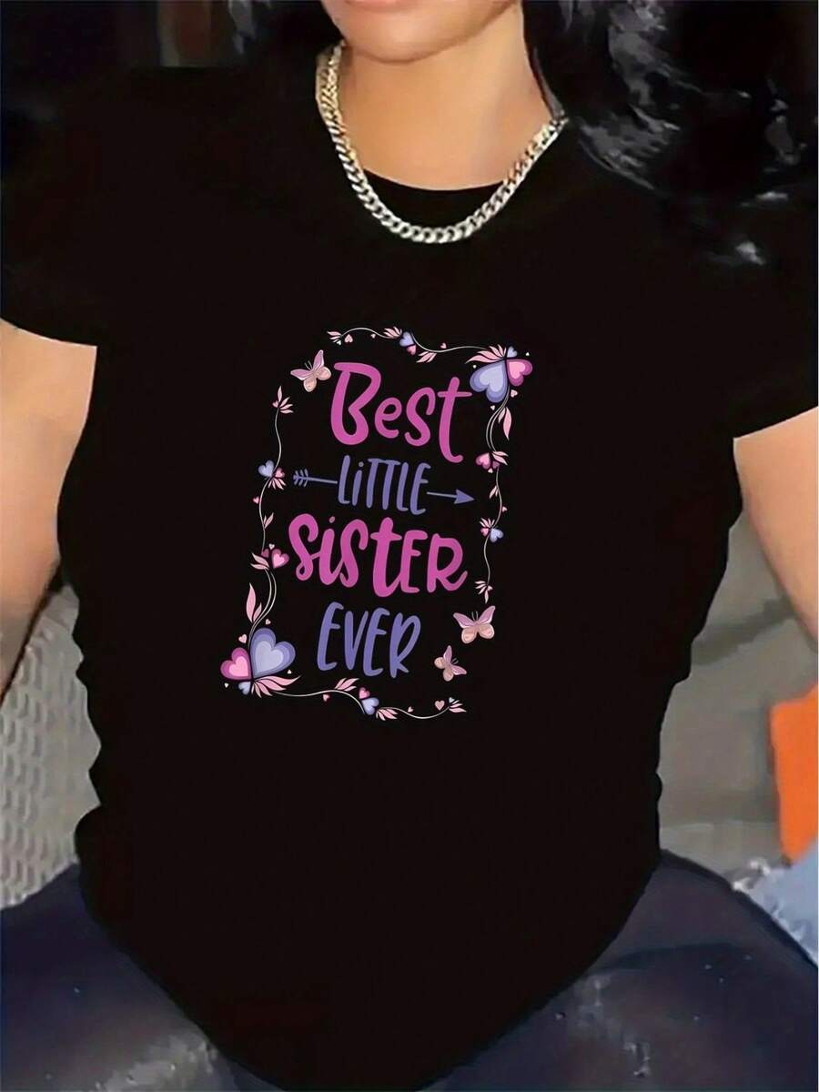 "World's Best Sister" T-Shirt | Suitable For Wearing At Home Or In The Living Room, With A Comfortable And Durable Design And Stylish Prints, It's The Perfect Gift For Family Gatherings And Everyday Wear. It Features A Crew Neck And Slightly Stretchy Fabric. - 黑色 - 查看 1