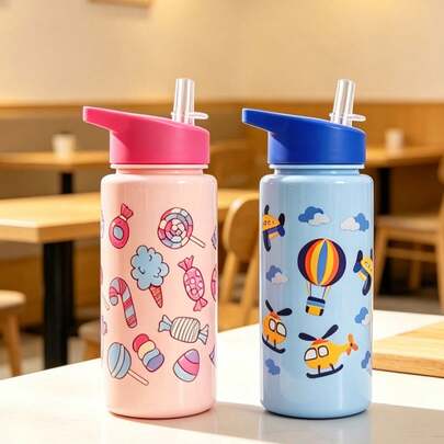 1pc 500ml Cute Cartoon Water Bottle, Spill-Proof Straw Cup, Portable Kindergarten Water Cup, Large Capacity Sports Water Bottle For Kids, Summer