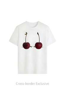 Camiseta de manga corta holgada con estampado, 100% algodón, estilo versátil en blanco y negro para todas las estaciones Camiseta unisex - Blanco - Ver 2