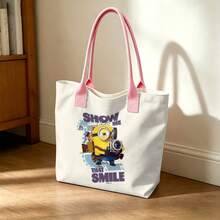 Miniso Bolsa de lona con diseño de Minions "Muéstrame esa sonrisa", bolso de hombro blanco para uso diario - Blanco - Ver 2