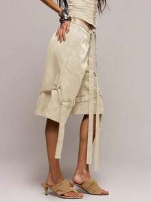 Pantalones cortos de carga con detalles de puntada y pierna ancha, perfectos para primavera y verano, para citas, salidas nocturnas, festivales, vacaciones y talla grande - Crema - Ver 3