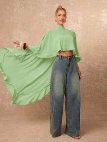 Nueva llegada Blusa elegante de mujer de alta gama con cuello suelto, bajo asimétrico con volantes, parte delantera corta y parte trasera larga - Verde - Ver 3