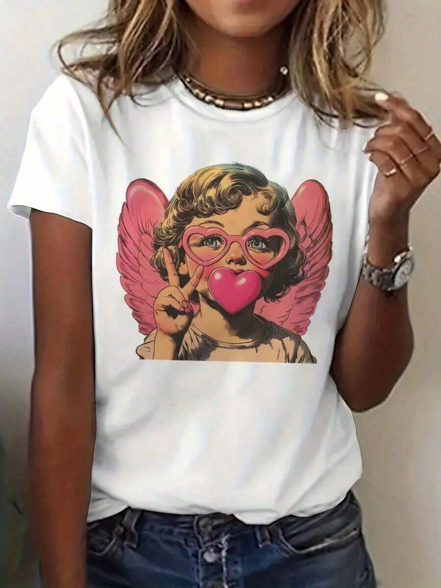 Camiseta de manga corta para mujer, vintage, con estampado de Cupido, 100% suave y transpirable (2) Verano - Blanco - Ver 1
