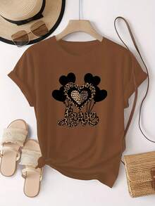 Combinación de salvajismo y ternura, estampado de patrón de globo en forma de corazón negro con estampado de leopardo, moda y , camiseta de mujer de manga corta casual de cuello redondo simple, adecuada para actividades como ocio, turismo y vacaciones 13419- Uso diario, fácil de lavar y mantener - Marrón - Ver 4