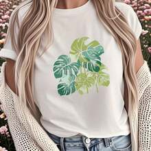 ropa de mujer Imagen del artículo Camiseta estampada para mujer con estampado de hojas, manga corta informal R camisas de mujer - Blanco - Ver 1