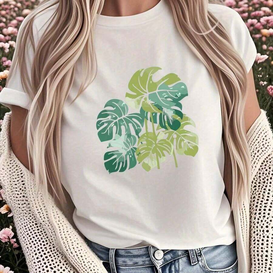 ropa de mujer Imagen del artículo Camiseta estampada para mujer con estampado de hojas, manga corta informal R camisas de mujer - Blanco - Ver 1
