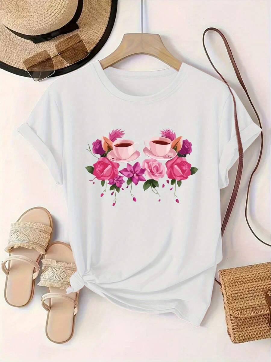 Camiseta de mujer con estampado floral, moda europea y americana, cuello redondo, manga corta, jersey deportivo para mujer. - Blanco - Ver 1