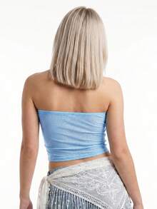 Women Rhinestones Tube Tops Shimmer Twist Cutout Ruched Off-Shoulder Bandeau Backless Shirts For Streetwear - Blue - View 6