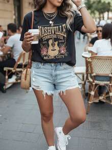 Women's Comfortable Black Guitar T-Shirt, Letter Print, Loose Fit, Round Neck, Short Sleeves, Soft Slightly Stretchy Fabric, Casual Everyday Wear, Geometric Pattern, Spring Summer, Regular Length, No Belt, Pullover Style - 黑色 - 查看 6