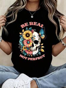 Women's Clothing White Skull Floral Print T-Shirt Graphic T-Shirt With The Phrase "Be Real Not Perfect" For Casual Wear And Everyday Outfits Women's Shirts - 黑色 - 查看 6