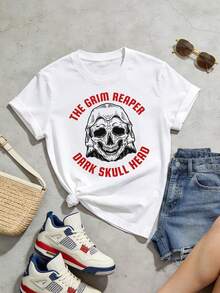 Camiseta de manga corta con cuello redondo suave y casual para mujer de verano |   LA SIERNA, CABEZA DE CALAVERA OSCURA, Capucha, Esqueleto | Tops para salir, Estilo callejero europeo y americano, Casual deportivo, Estilo unisex, Estilo casual urbano, Tops bonitos, Generación Z, Curvas, Ropa Y2K, Camisetas divertidas, Tops de mujer, Conjuntos de vacaciones para mujer, Top lindo, Camiseta gráfica, Conjuntos de primavera, Camisetas holgadas, Ropa urbana retro, Estilo de los 90, Estilo de los 2000, Subcultura, Top negro, Tops blancos, Conjunto de fiesta de los 90. - Blanco - Ver 6