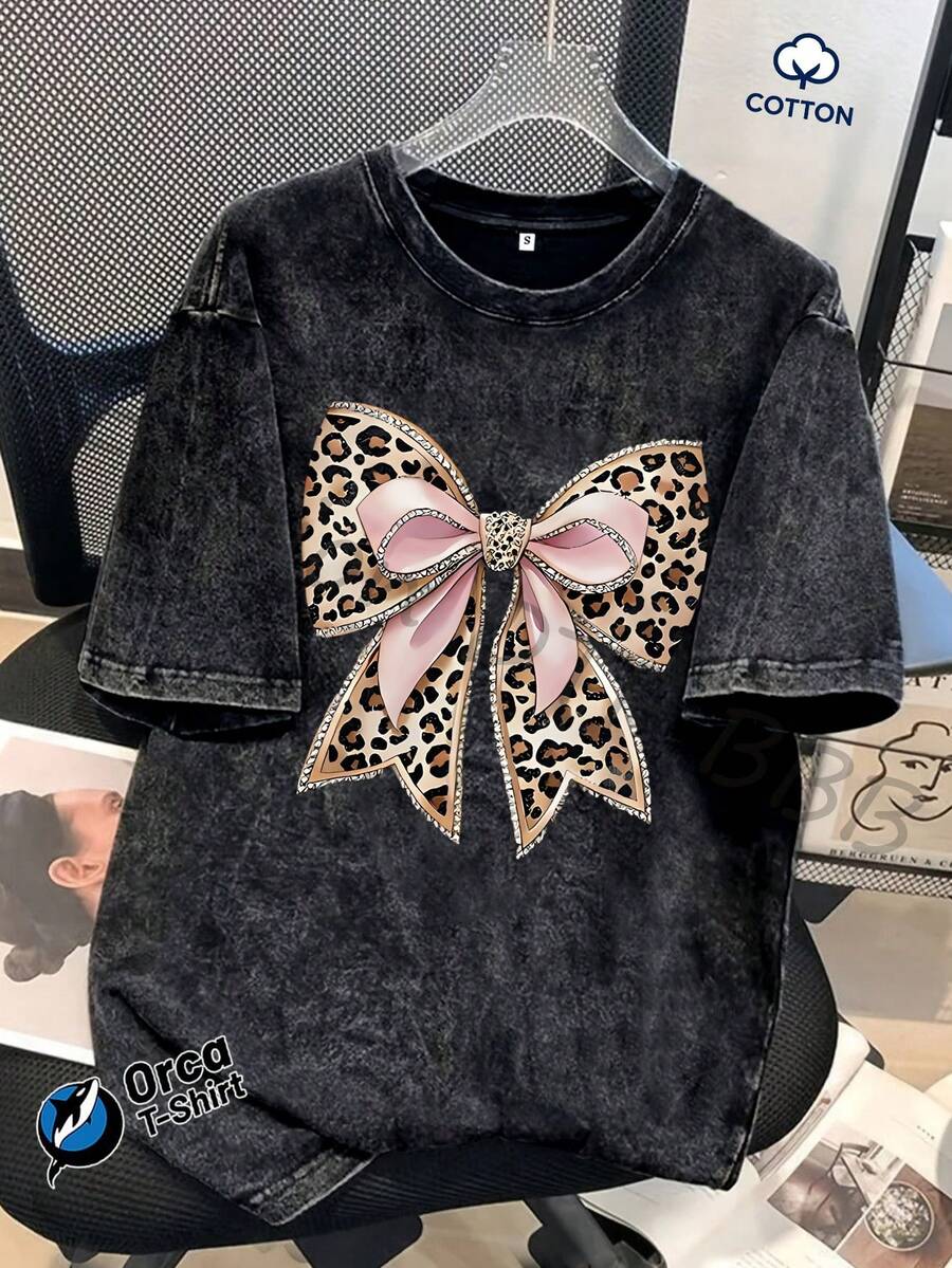 1 pieza de camiseta de algodón lavado con estampado decorativo de corazón rojo con lentejuelas + estampado de leopardo con la palabra LOVE, 100% algodón puro, 230 gramos, marca Orca, adecuada para uso casual, salidas al aire libre, deportes, vacaciones, regalos y otras ocasiones. 180g 100% Algodón - Negro - Ver 1
