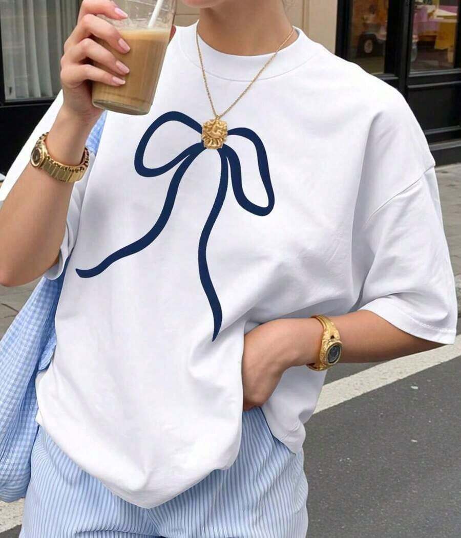 Camiseta Casual de Mujer con Estampado de Lazo, Cuello Redondo y Hombros Caídos, Tejido Suave de Verano, Transpirable y Cómoda - Blanco - Ver 1