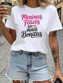 Camiseta de Mujer con Estampado 'PortugueseHappyArePrettiest', para Salidas Diarias y Reuniones con Amigos, Estilo Dulce y , Manga Corta, Camiseta Casual de Mujer, Talla Estándar, Camiseta Básica - Blanco - Ver 7
