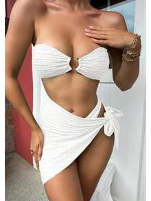 Bikini Sexy de 3 Piezas para Mujer con Top Bandeau y Falda Corta, Estilo Playa y Vacaciones - rosa claro - Ver 8