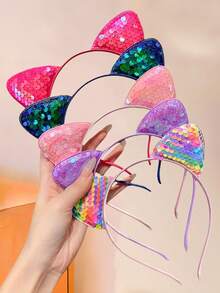 6/3/1 Pcs Shiny Sequin Cat Ear Headbands Set, Available In Dreamlike Pink, Mysterious Purple, Energetic Red, And Vibrant Rainbow Colors. Exquisite Craftsmanship - Suitable For Girls And Teenagers, Whether For Theme Parties, Anime Conventions, Birthdays, Vacations, Or Daily Styling, Wearing Them Will Instantly Add A Playful And Cute Vibe, Making You The Center Of Attention. - Multicolor - View 5