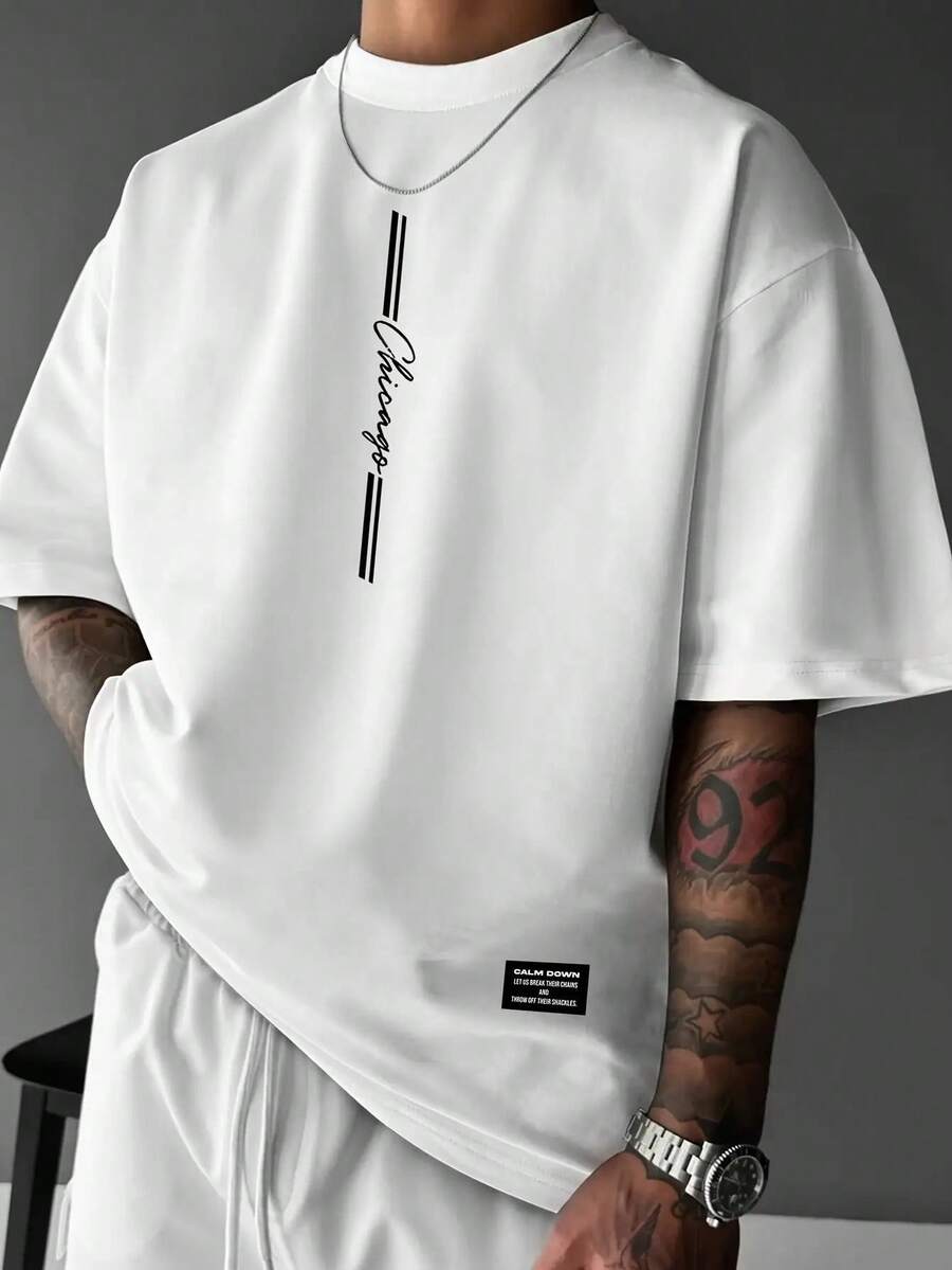 Camiseta casual para hombre con estampado de letras, estilo europeo y americano, talla grande. - Blanco - Ver 1