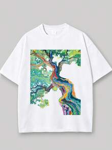 Camiseta 100% algodón, estampada con un diseño vibrante y fluido, adecuada para el uso diario, imprescindible para conjuntos sin esfuerzo, camiseta de mujer, mangas cortas cómodas para vacaciones al aire libre y deportes, regalo perfecto, la mejor opción para las vacaciones. - Blanco - Ver 1
