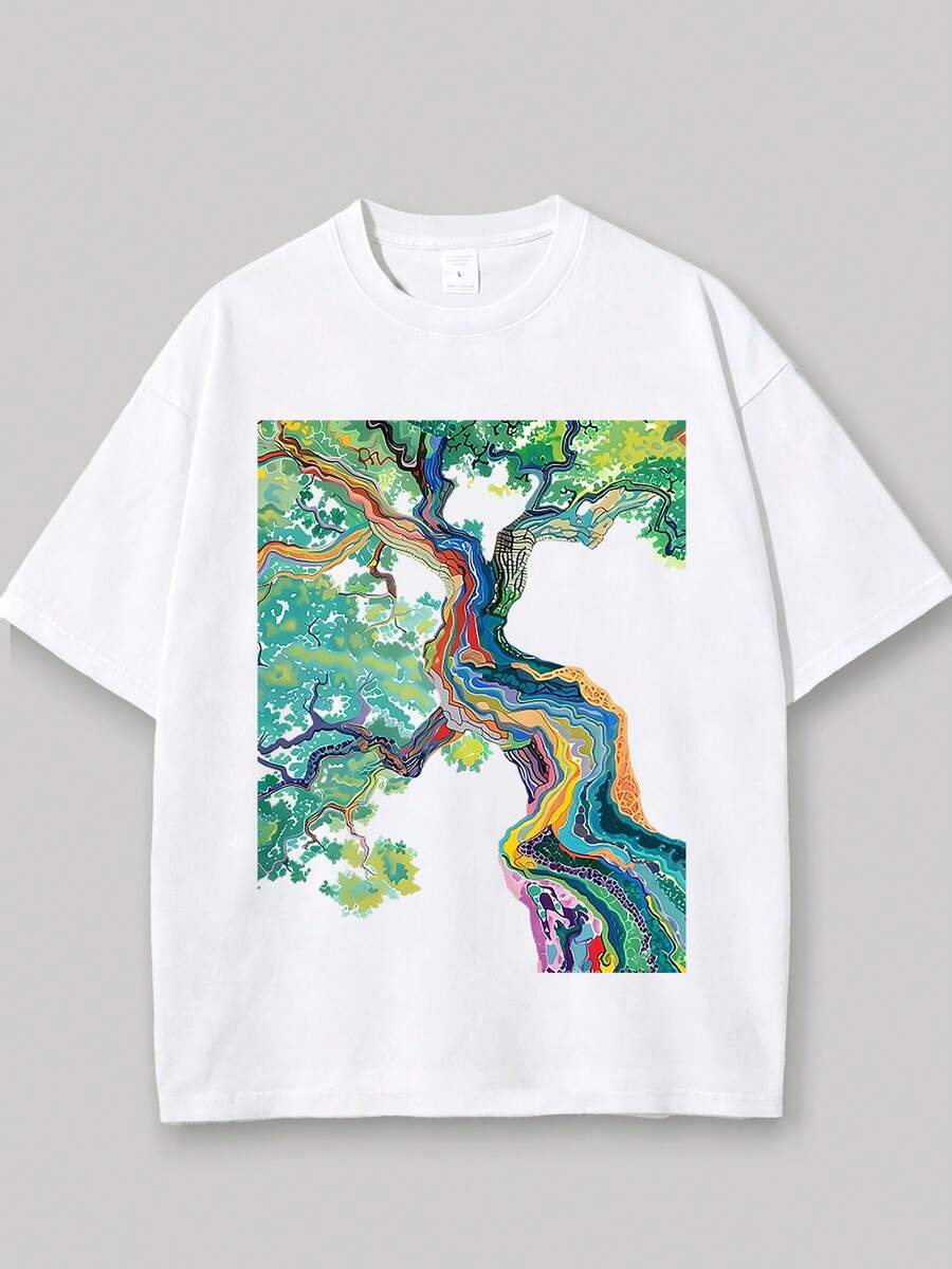 Camiseta 100% algodón, estampada con un diseño vibrante y fluido, adecuada para el uso diario, imprescindible para conjuntos sin esfuerzo, camiseta de mujer, mangas cortas cómodas para vacaciones al aire libre y deportes, regalo perfecto, la mejor opción para las vacaciones. - Blanco - Ver 1