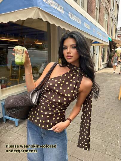 Women's Polka Dot Print Elegant Casual Sexy Halterneck Asymmetric Design Sleeveless Ruched Fitted Halter Tie Strap Fashion Tank Top, Women's Yoga Mulberry Silk Fabric Blouse, Women's Spring Summer New Blouse, Brown Polka Dot Blouse, Suitable For Gathering, Party, Date, Beach