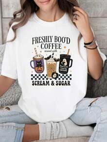 LooseCamiseta Freshly Boo'd Coffee, camiseta Halloween Coffee, camiseta Pumpkin Coffee, camiseta Happy Halloween, camiseta Halloween Ghost, camiseta Spooky Season. Camiseta de algodón grueso de 220 g para mujer. Top blanco para mujer. Confeccionada en 100 % algodón puro, grueso y transpirable, esta tela gruesa de 220 g ofrece comodidad y durabilidad. Perfecta para el verano, es ideal para el trabajo, el gimnasio, viajes, salidas informales, deportes al aire libre o para combinar en cualquier temporada. Una prenda básica versátil: ideal para la escuela, la ropa de calle o simplemente para relajarse en casa.Basic Crew Neck Cotton T-shirt for Women - Blanco - Ver 1