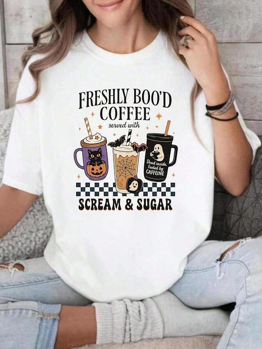 LooseCamiseta Freshly Boo'd Coffee, camiseta Halloween Coffee, camiseta Pumpkin Coffee, camiseta Happy Halloween, camiseta Halloween Ghost, camiseta Spooky Season. Camiseta de algodón grueso de 220 g para mujer. Top blanco para mujer. Confeccionada en 100 % algodón puro, grueso y transpirable, esta tela gruesa de 220 g ofrece comodidad y durabilidad. Perfecta para el verano, es ideal para el trabajo, el gimnasio, viajes, salidas informales, deportes al aire libre o para combinar en cualquier temporada. Una prenda básica versátil: ideal para la escuela, la ropa de calle o simplemente para relajarse en casa.Basic Crew Neck Cotton T-shirt for Women - Blanco - Ver 1