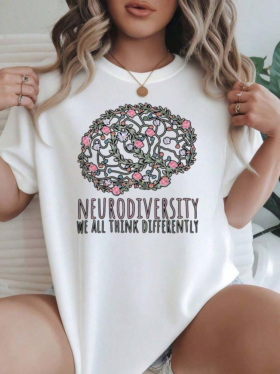 Camiseta de Mujer con Cuello Redondo y Manga Corta, Opciones en Blanco y Negro, Estampado Floral, Cerebro, Neurodiversidad, Todos Pensamos Diferentemente, Camisetas Casuales para Uso Diario, Tops de Verano, Camisetas Gráficas, Conjuntos de Verano, Camisetas Cortas para Mujer, Ropa Linda de Algodón Vintage para Mujer, Playeras de Mujer - Blanco - Ver 1