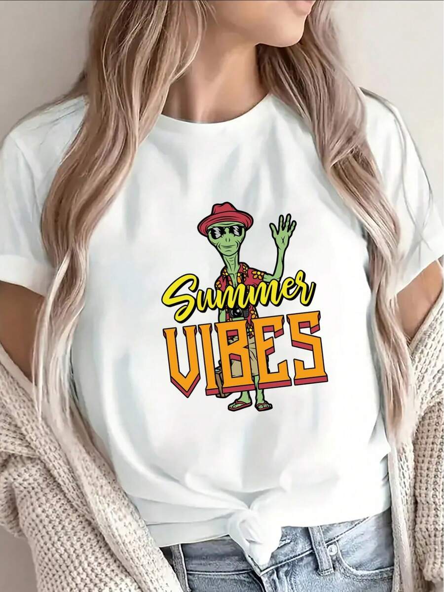 Pure Polyester Short-Sleeved T-Shirt With Alien Print - Casual Round Neck Top, Comfortable Fit, Machine Washable, Suitable For Warm Weather, With Eye-Catching Text And Colorful Design - Can Be Worn For Parties Or For Everyday Use. - 白色 - 查看 1
