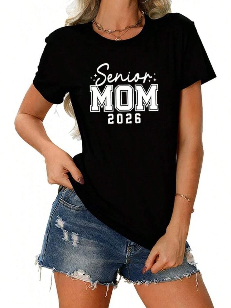 Camisetas de manga corta para mujer, cuello redondo, 100% algodón, camiseta de manga corta con cuello redondo, para mamá embarazada, estampado "Esperante Mamá 2026". - Negro - Ver 1