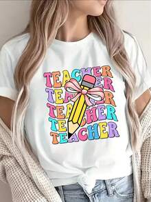 Camiseta de manga corta| Tela gris claro, transpirable, ajuste cómodo, cuello redondo, diseño estampado, muy adecuado para ropa casual de exterior, actividades de ocio y entornos de restaurante. - Blanco - Ver 7