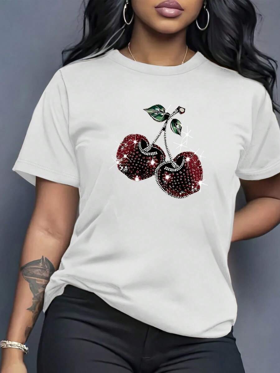 Camiseta de mujer con estampado exquisito - Ropa de verano para mujer, estampado de moda, transpirable y cómoda, camiseta de mujer de cuello redondo, tela suave, para uso diario en otoño y verano y deportes al aire libre, ropa de mujer casual y elegante - Blanco - Ver 1