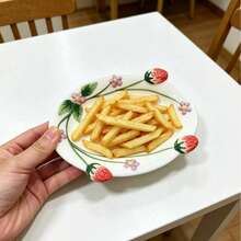 草莓浮雕椭圆形陶瓷甜点盘，户外咖啡厅餐厅下午茶餐具，可微波炉加热 - 彩色 - 查看 11